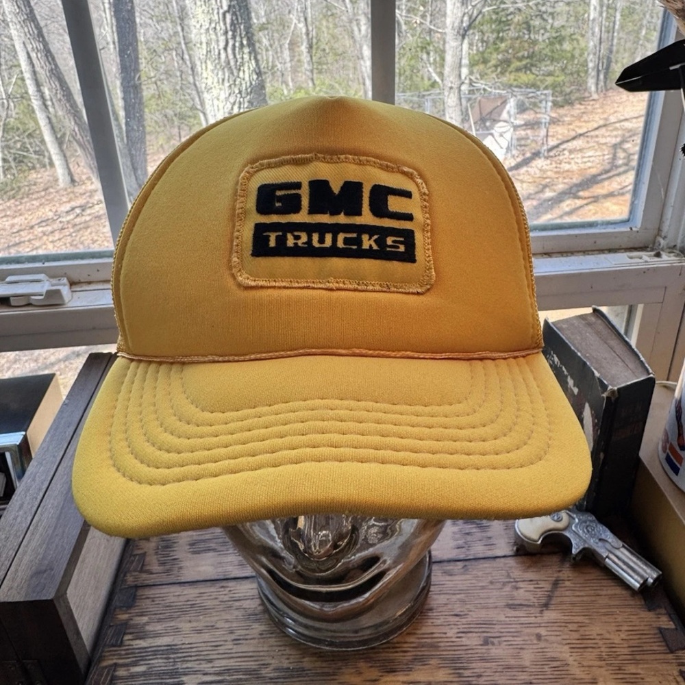 Vintage GMC Trucks Hat Snapback Trucker Yellow Logo Red Cap 80s